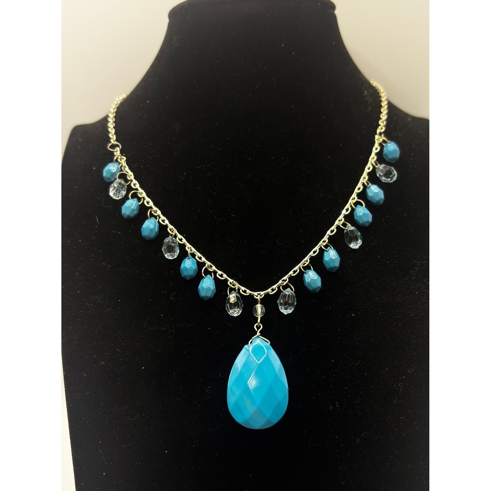 SOβ Necklace Womens 14" Blue Turquoise Tone Teardrop Beaded Silver Tone Chain